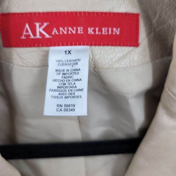 Vintage 90s Anne Klein Retro 70s Leather Jacket 1X Champaign Frayed Edges Button - Picture 14 of 14